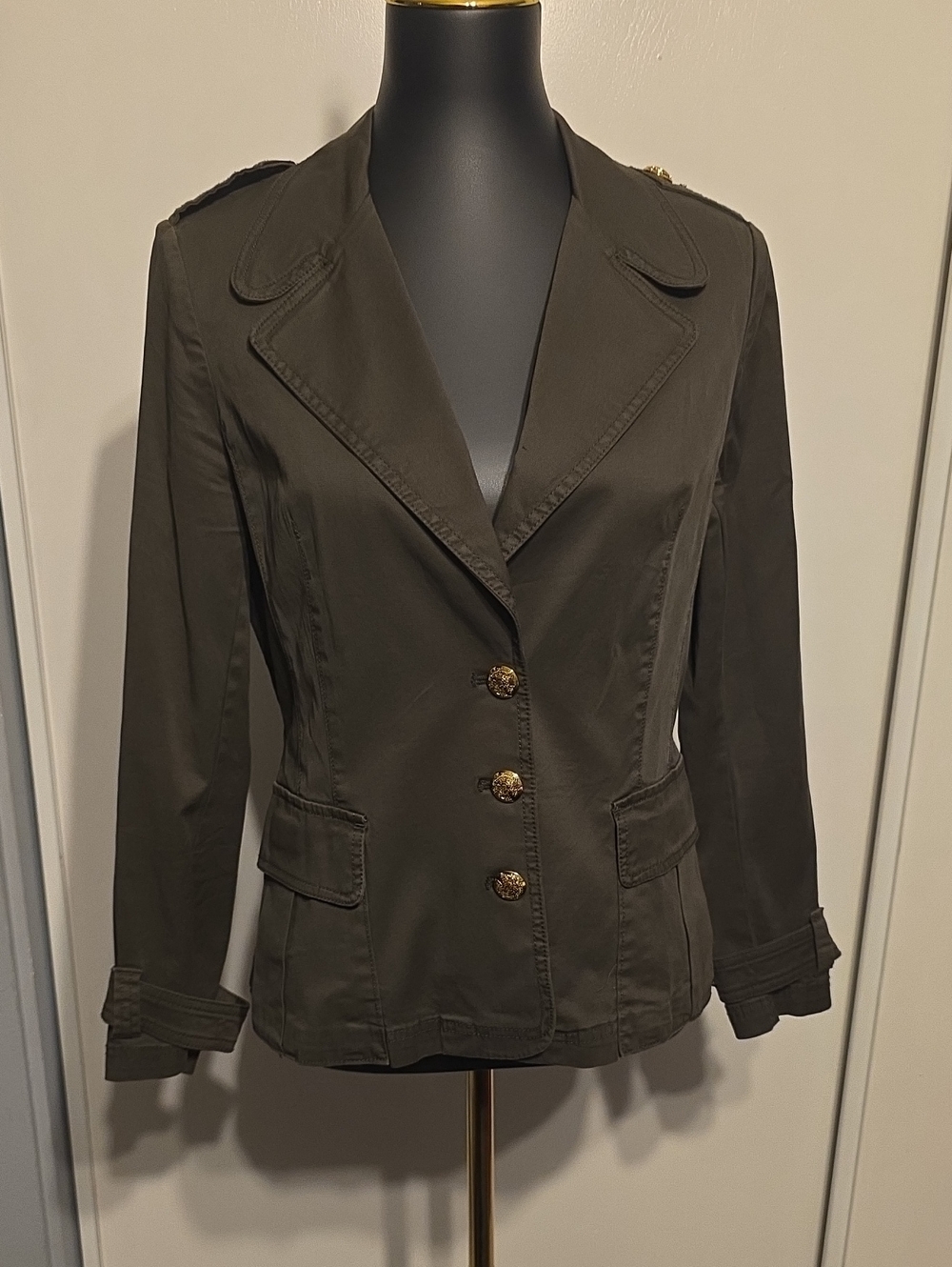 White House Black Market Olive Green Fitted Blazer with Gold Buttons